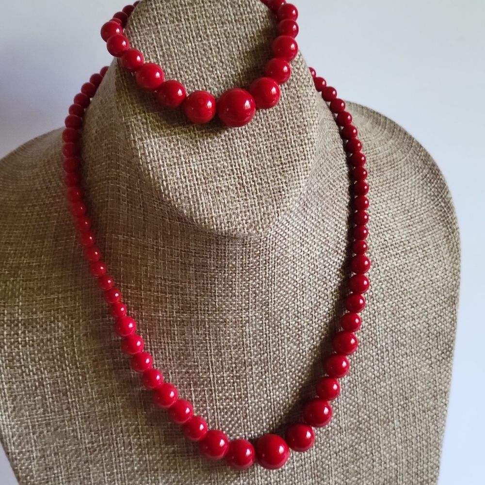 Natural Red Coral Stones Necklace Bracelet Set